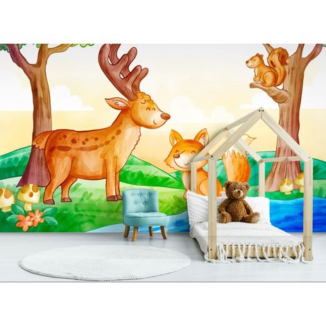 Papier peint enfant – Animaux de la forêt joyeux - 150 x 250 cm (1/2)