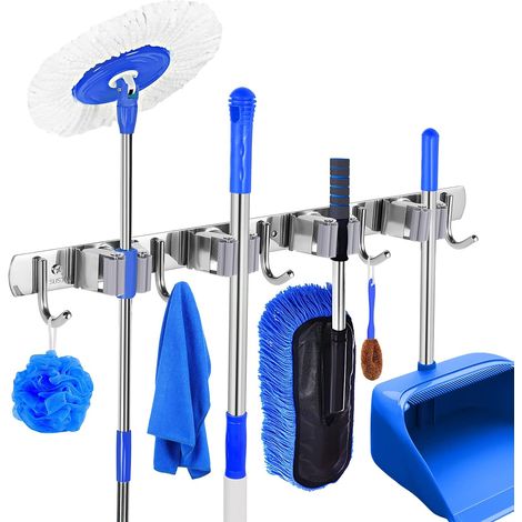 Besenhalter zur Wandmontage, Besenhalter zur Wandmontage aus Edelstahl, Besenhalter zur Wandmontage mit 4 Schlitzen und 5 Haken für Küche, Garage, Garten, Waschküche (1/5)