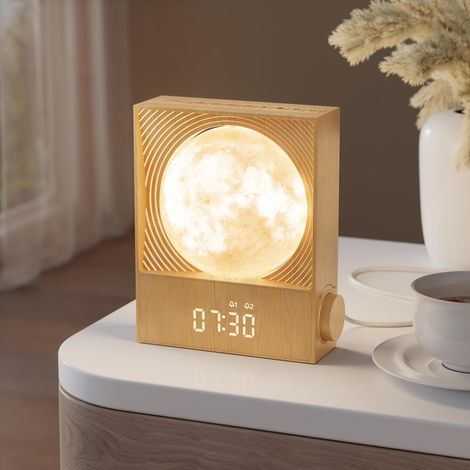 Réveil Simulateur d'Aube avec Lampe Lunaire Rotative - 15 Sonneries, Veilleuse 8 Couleurs, Lampe de Chevet 3 Luminosités avec 10 Sons Naturels - Pour Enfants, Adolescents et Adultes (1/5)