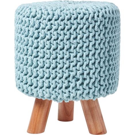 HOMESCAPES Pastel Blue Tall Cotton Knitted Footstool on Legs