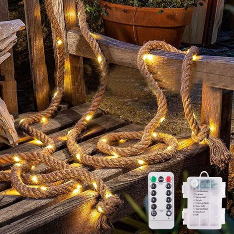 Guirlande lumineuse LED en corde de chanvre - 2 m - 30 LED - 8 modes - Avec télécommande - Corde de chanvre - Pour Noël, fête, mariage, jardin (1/5)