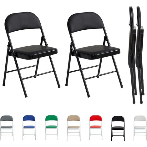 Set of 2 Faux Leather Foldable Chair with Metal Frame and Padded Seat BLACK (1/5)