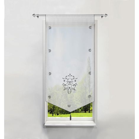 1Pièce Rideau Voilage Brise-bise en Polyester Broderie Fleurs avec Pompon Rideaux Courts Décoration de Fenêtre Chambre/Salle de Bain/Café/Cuisine (LxH/60x120cm, Gris/Blanc)