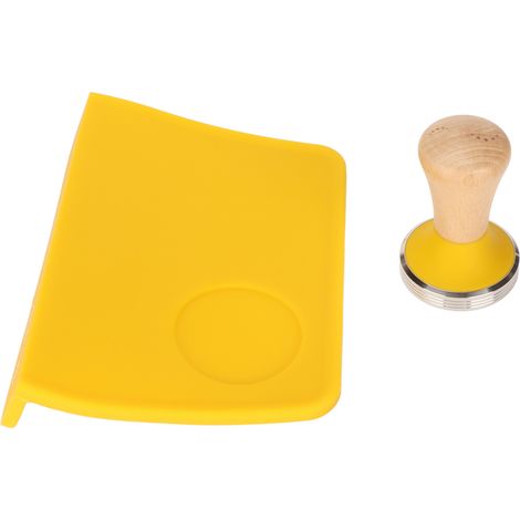 Kaffeepulver-Presswerkzeug-Set mit Holzgriff, flachem Hammerfuß und rutschfester Silikon-Tampermatte mit Schlitz (gelbe Matte, 58 mm Hammerdurchmesser) (1/5)