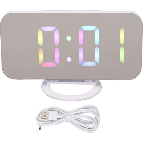 Réveil Digital Miroir LED RGB, Double Port USB, 6 Niveaux de Luminosité, Affichage Coloré, Mémoire Hors Tension, Design Acrylique Blanc (1/5)