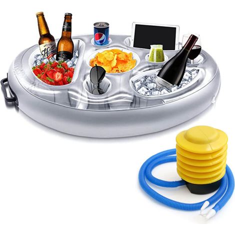 Plateau à boissons gonflable flottant – Grande capacité – pour piscines extérieures, plages, fêtes et spas (argenté + pompe à pied) (1/5)