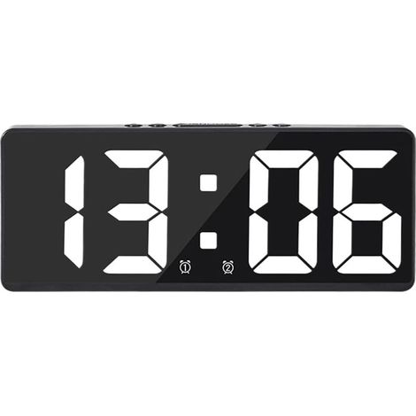 Große, smarte digitale Wanduhr mit Zeit-/Datums-/Tonfunktion und Countdown-Timer, stufenloser Helligkeits- und Lautstärkeregelung – Schwarzes Gehäuse mit weißer Hintergrundbeleuchtung