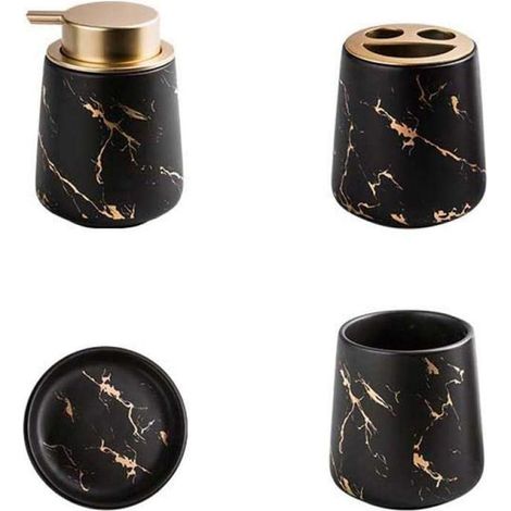 4 accessoires salle de bain, céramique noire mat, porte-brosse à dents + verre + porte-savon, design moderne