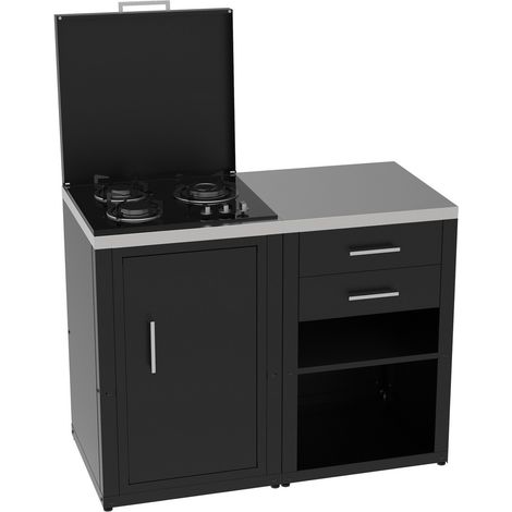 Set Cucina da Esterno a Gas 2 Elementi con 2 cassetti Estraibili - Struttura in Acciaio e Piano in Acciaio Inox - Nero