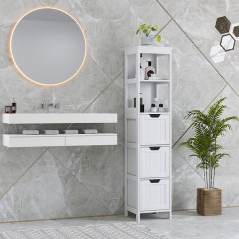 Colonna Bagno 30x30x142,4 cm in MDF Bianco, 3 Cassetti, 2 Nicchie, Stile Retro (1/5)
