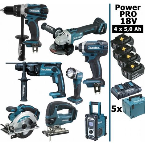 Pack Makita Power PRO 8 outils 18V: DDF458 DHR202 DGA504 DTD152 DJV180 DSS610 DMR108 DEADML802 4 batt 5Ah 5 Coffrets (1/5)