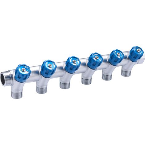 Colector Macho Hembra 3/4 con Grifos Válvulas Azules QUICK PLOMBERIE - 6 Salidas Macho 1/2