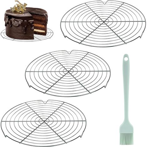 Lot de 3 Grille de refroidissement, Diamètre 30 cm, Acier inoxydable, Avec brosse silicone, Pour four et barbecue (1/5)