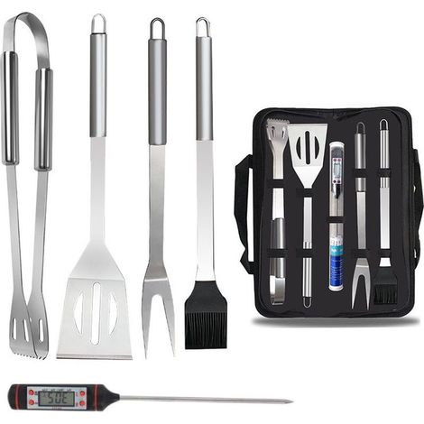 Ensemble de 5 pièces avec thermomètre, ensemble d'ustensiles pour barbecue, sac de transport en acier inoxydable, accessoires pour barbecue, Camping (1/5)