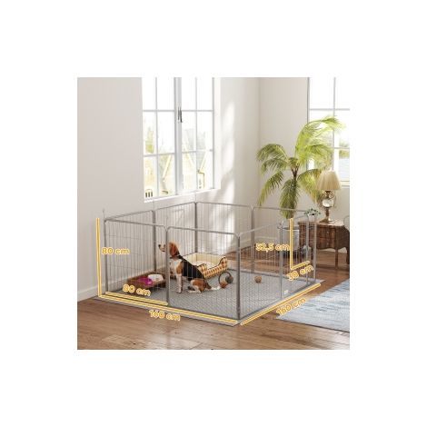 Parc pour chiots en acier argenté, 8 panneaux de 80 cm avec porte et sangle, pour jardin, terrasse et intérieur (1/5)