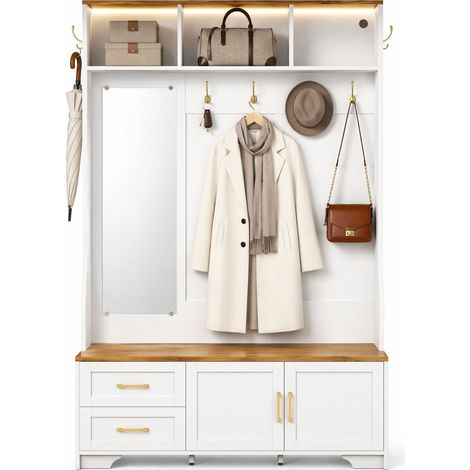 Meuble d'entrée avec miroir, LED, crochets, tiroirs et banc, rangement chaussures en MDF blanc et bois, 120 x 40 x 187 cm, idéal couloir moderne  CHICFURN (1/5)