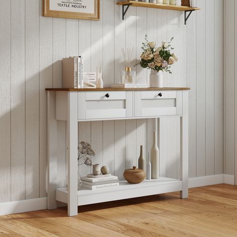 Console d'entrée blanche 2 tiroirs 107 cm style campagne avec étagère ouverte et 2 kits anti-basculement pour couloir entrée salon (1/5)
