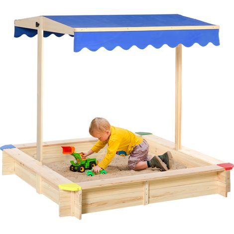 Outsunny Kids Wooden Sand Pit Sandbox Children Square Outdoor Playset Adjustable Canopy Bench Seat 120x120x120cm