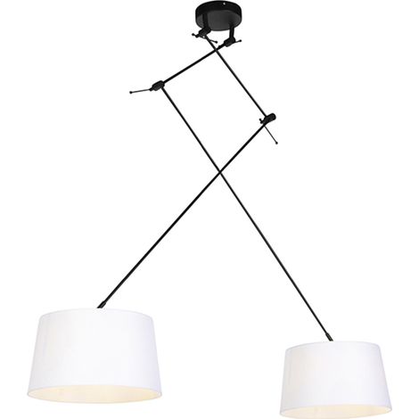 QAZQA Moderno Lámpara colgante negra con pantallas de lino blanco 35 cm 2-luces - Blitz Lino /Acero Cilíndra /Alargada /Redonda Adecuado para LED Max. 2 x 60 Watt