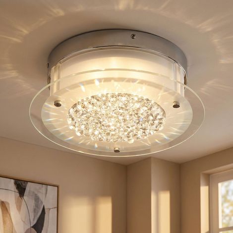 LED Deckenleuchte Deckenlampe Wohnzimmerlampe Chrom Glas Kristalle klar D 28 cm