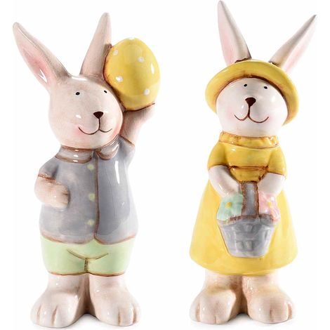 Coniglietti pasquali in ceramica lucida colorata da appoggiare, set da 6 pezzi, cm 6 x 6 x 13 H