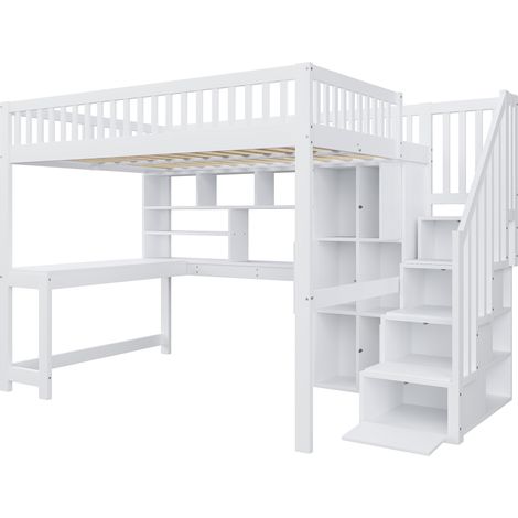 Cama alta 140x200 cm blanca con escritorio, estanterías, escalera de almacenaje y LED (1/5)