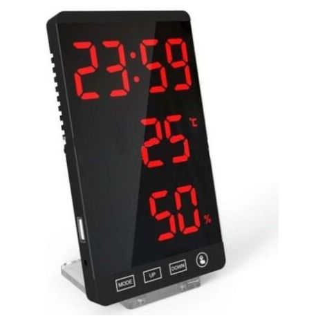 Horloge à miroir LED, thermomètre et hygromètre, horloge météo électronique, réveil, lettres rouges en gras (1/4)