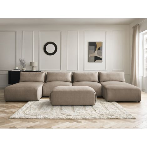 BOBOCHIC - Canapé panoramique fixe modulable avec têtières JANA tissu velours avec 2 méridiennes, 2 chauffeuses et 1 petit pouf Taupe (1/5)