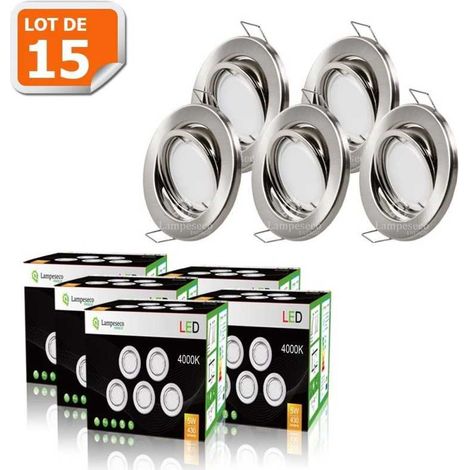 Lampesecoenergie – Lot de 15 spots led encastrables orientables 5W – Alu brossé – Ampoule GU10 230V – Blanc neutre – Équivalence 50W halogène (1/5)