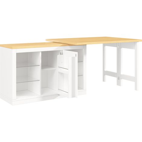 Table îlot de cuisine extensible avec LED RGB contrôlable par application, plateau tournant 360°, 120-197 cm, portes magnétiques, étagères en verre, blanc/noir (1/5)