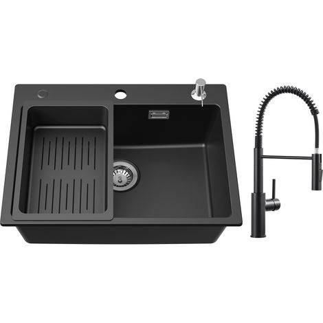 Lavello in Quarzo e Resina 60 x 45 cm, con Cestello con Scarico Libero e Dispenser Sapone + Miscelatore Cucina a Molla con Doccetta Estraibile, 2 Modalità di Uscita Acqua, Nero (1/5)