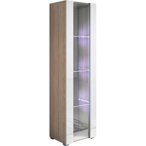 Vitrina con Patas 2cm Armario Mueble de Salón Vitrina de pared LED 1 puerta 40x167x29cm Modelo Luke V5 Sonoma mate y Blanco brillo (1/5)
