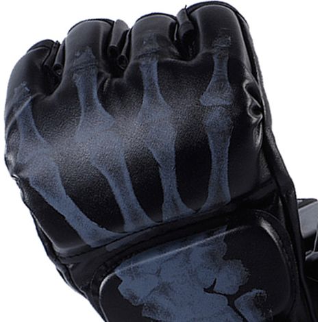 Gants de boxe/kickboxing demi-doigts avec sangles de poignet réglables, unisexes, style main fantôme, noirs. (1/5)