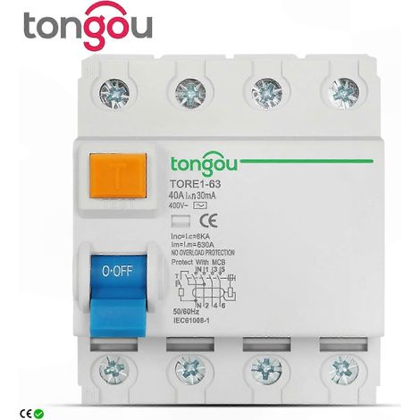 Disjoncteur différentiel 4P 16A-63A 10mA-100mA 6kA 400V Interrupteur de protection électromécanique RCD Sécurité différentielle (1/5)