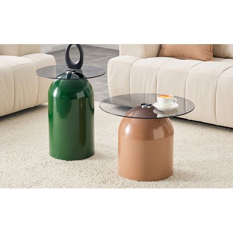 Set de 2 tables basses 50x40x38 cm gris et café clair en métal avec plateau en verre trempé empilable (1/5)