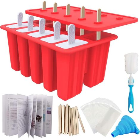 Moule à glaces maison, machine à glaces en silicone sans BPA 10-Cav, comprenant 50 bâtonnets, 50 sachets, 10 bâtonnets réutilisables, un entonnoir, un pinceau et une recette de glaces (rouge) (1/5)