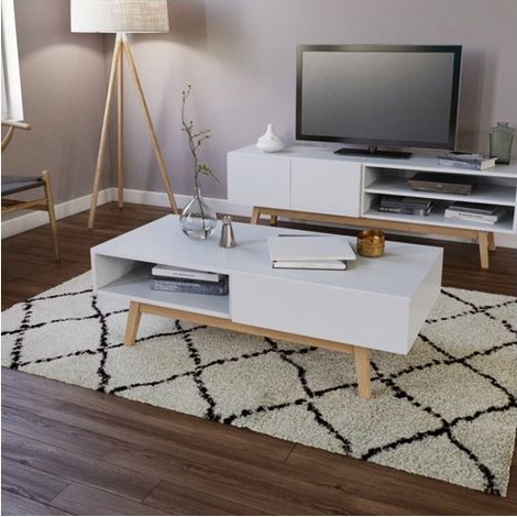 Les Tendances – Table basse fixe 120x60x38 cm – Structure en panneau de particules blanc – 1 tiroir sans poignée – 2 niches de rangement (1/5)