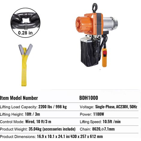 Palans à chaîne électrique, capacité de charge de 2200 lbs, contrôle filaire, 2200 lbs (1/2)