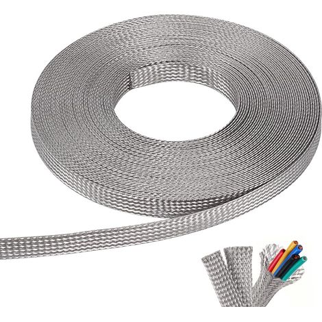 10m Gaine Tressée en Acier Inoxydable 304, 10mm de Large Tressage Plat Étamé en Acier Inoxydable Gaine de Blindage Flexible pour Câbles (1/5)