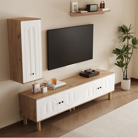 Meuble TV mural 170x40x100 cm blanc et bois en panneaux de particules avec portes sculptées (1/5)