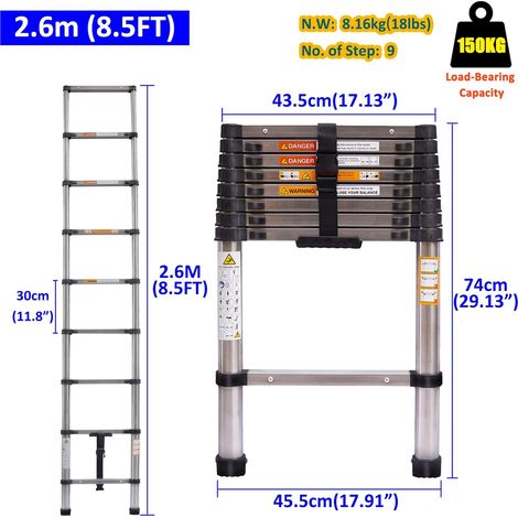 8.5FT Échelle Télescopique 2,6m en Acier Inoxydable, Echelle Extensible Multifonctions avec Mécanisme de Verrouillage, Échelle de Toit, Échelles de Grenier, Facile à Transporter, Charge Max 150kg (1/5)