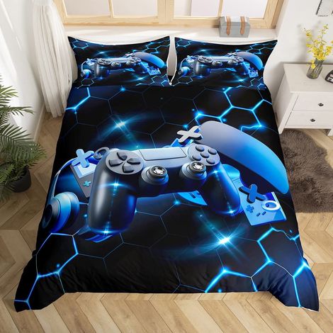 Parure de lit pour enfant garçon 135 x 200 cm Pour fille Bleu Avec housse de couette et manette de jeu vidéo Respirante Hexagon Boutons d'action (1/5)