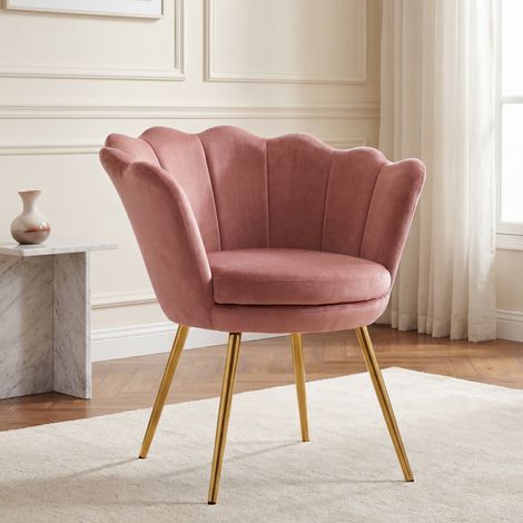 Wahson Freizeitsessel Samt-Bezug, Muschel-Sessel eleganten goldenen Metallbeinen für Schlafzimmer und Wohnzimmer，Altrosa