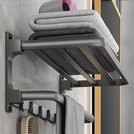 Porte-Serviettes sans perçage - Noir - Porte Serviettes de Salle de Bain - Montage Mural - avec 5 Crochets pour Serviettes de Bain, 58cm (1/5)
