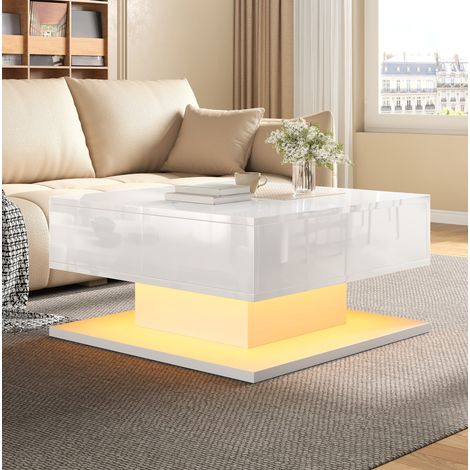 Tavolino da caffè sollevabile 72x72x35 cm con contenitori, LED APP, 2 cassetti, MDF e pannello truciolare bianco (1/5)