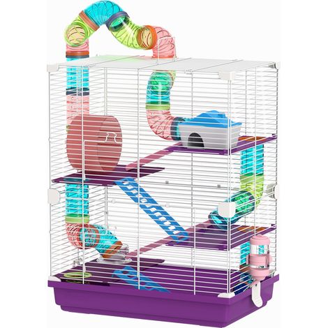 Cage à hamster à 4 étages avec tunnels, gamelle, roue d'exercice, maisonnette et échelles, 46 x 30 x 58 cm, violette