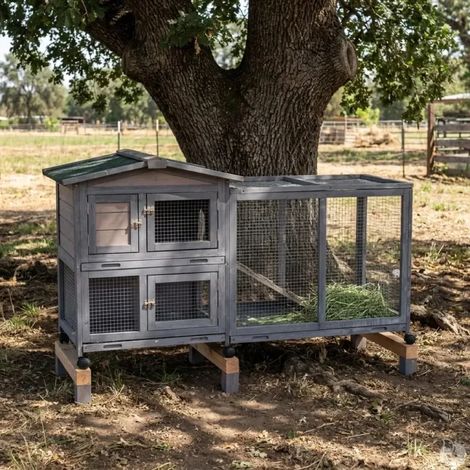 Clapier mobile en bois pour lapin avec parc intégré - Gris 150x55x86 cm (1/5)