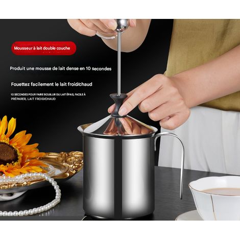Lot de 2 mousseurs à lait manuels professionnels en acier inoxydable 304, pots à mousse double filtre 800cc, ustensiles de barista pour café créatif à la maison (1/5)
