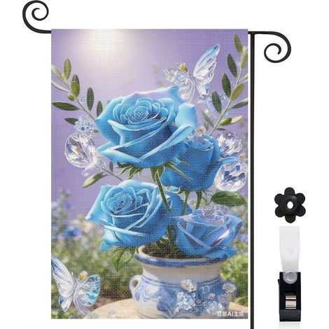 Bannière de cour pot en céramique bleu et roses bleues 30 x 45 cm décoration porche et maison (1/5)
