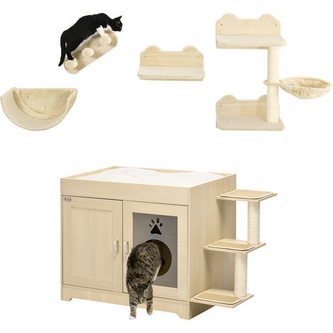 Conjunto para mascotas incluye 1 arenero para gatos con cama 3 plataformas y 1 juego de escalada para gatos de pared de 4 piezas roble y beige (1/5)